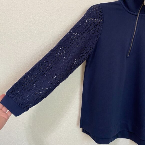 Soft Surroundings Crochet Sleeve Mock Neck French Terry Tunic - Picture 3 of 8